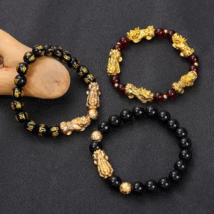 Vintage Gold Plated Pixiu Bracelet For Wealth Ethnic Style Glass Bead Bracelet With Six-Syllable Mantra Buddhist Prayer Hand String Lucky Jewelry Gift