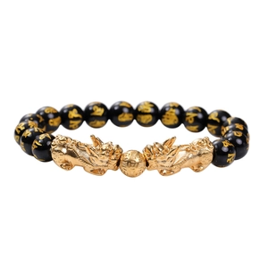 Gold plated obsidian Pixiu bracelet with black mantra beads and lucky charm stones