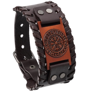 Vintage Viking leren armband met Vegvisir kompas en bronzen metalen adelaar bedel
