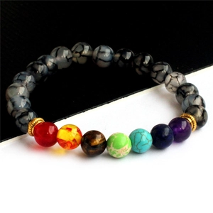 Detailansicht eines 8mm Sieben-Chakra-Energiearmbandes mit goldenen Metallelementen