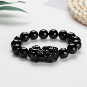 Polished black obsidian beads bracelet featuring a handcrafted Pixiu charm for men