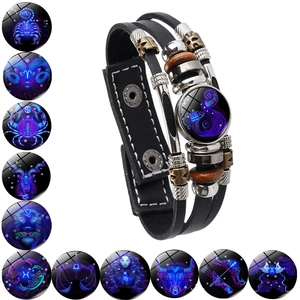 Handmade multilayer leather constellation bracelet with Aquarius charm and snap closure