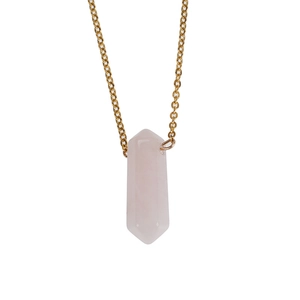 Minimalist gold titanium necklace with a hexagonal pink crystal quartz pillar pendant