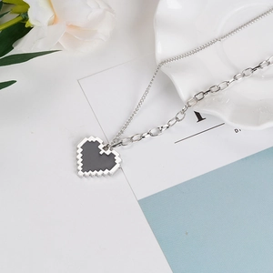 Double-layered hip hop necklace with black 8-bit pixel heart pendant for trendy styling