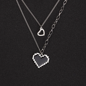 Hip Hop Silver Alloy Double Layered Necklace With Pixel Black Enamel Heart Pendant For Men Women Unisex Jewelry Gift