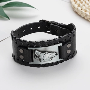 Bracelet Viking Vintage en Cuir pour Hommes Punk Large Bracelet en Cuir de Vachette Rétro Alliage Charme Bracelet Réglable Bijoux