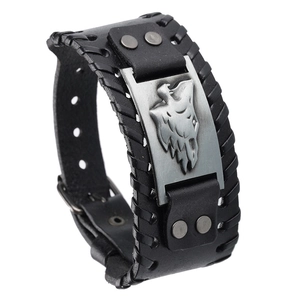 Bracelet Viking large en cuir noir pour homme avec plaque en métal tête de loup gravée