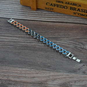 Polished silver stainless steel Cuban link bracelet with orange and blue gradient enamel