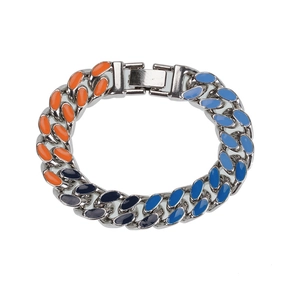 Punk Cuban chain bracelet in silver metal with vibrant orange and blue enamel links