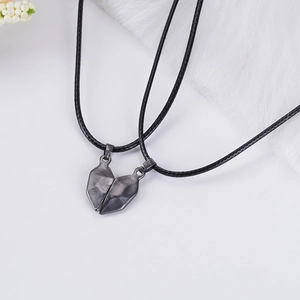 Magnetic heart pendant necklaces for couples with black wax cord and matte alloy texture
