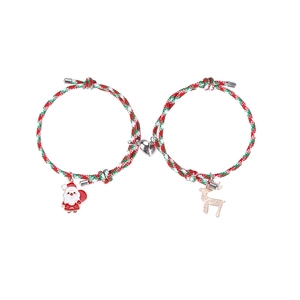 Bracelets de couple magnétiques de Noël avec pendentifs Père Noël et renne en rouge vert