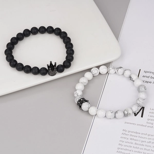 8mm weathered agate beaded bracelets set with black crown charms for couples