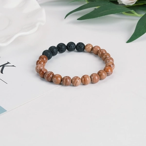 Bracelet de couple fait main avec perles en bois brun et pierre de lave noire
