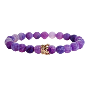 8mm purple weathered agate beaded bracelet with gold crown charm for men and women