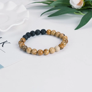 Bracelet Perlé en Pierre de Lave Naturelle et Jaspe Carte Fait à la Main Style Bohème Bracelet de Couple pour Femmes Hommes