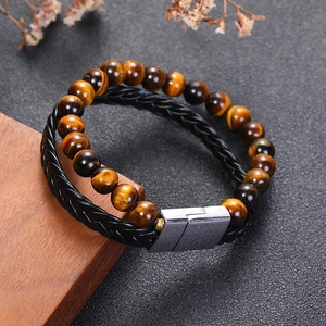 Bracciale da Uomo Retro con Perle in Pietra Occhio di Tigre Naturale Doppio Strato in Pelle Artificiale Intrecciata