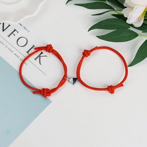 Adjustable hand-woven red cord bracelets with magnetic heart charm for couples