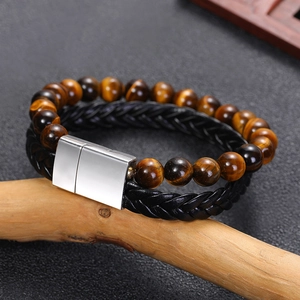 Bracciale da uomo a doppio strato con pietre occhio di tigre, pelle intrecciata e chiusura magnetica