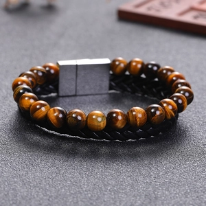 Bracciale da uomo a doppio strato con perline in occhio di tigre e pelle intrecciata nera
