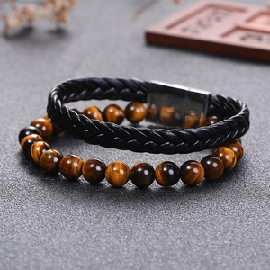 Bracciale da uomo con perle in occhio di tigre e pelle nera intrecciata con chiusura magnetica