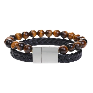 Bracciale da uomo a doppio strato con pietre occhio di tigre e pelle intrecciata nera chic