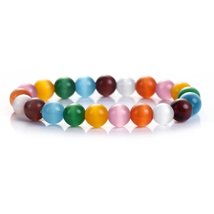 Detailed view of colorful cat eye stone beaded bracelet with chatoyancy effect