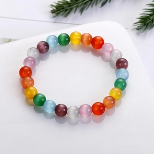 Rainbow cat eye stone beaded bracelet with vibrant round natural stones for women and men