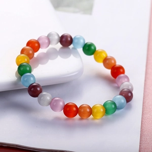 Vibrant multicolored cat eye stone beaded bracelet with polished chatoyancy effect