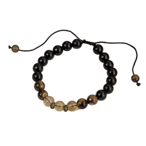 Close-up of beaded energy bracelet with hematite, tiger eye stones and adjustable knot