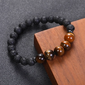 Pulsera de 8mm de piedra de lava natural y ojo de tigre con espaciadores de metal