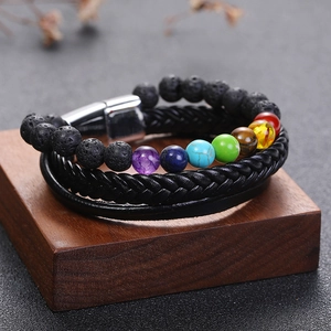 Bracelet Vintage Pierre de Lave Sept Chakras Cuir Tressé Multicouche Fermoir Magnétique Perles de Soin Yoga Bijoux Homme Femme