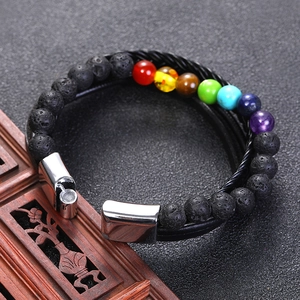 Bracelet pierres de lave sept chakras avec cuir tressé et fermoir magnétique