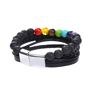 Bracelet chakra en pierre de lave avec cuir tressé et fermoir magnétique unisexe