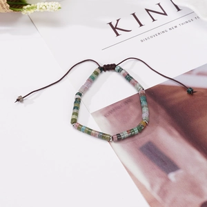 Retro natural stone beaded bracelet with colorful agate and adjustable cord for couples