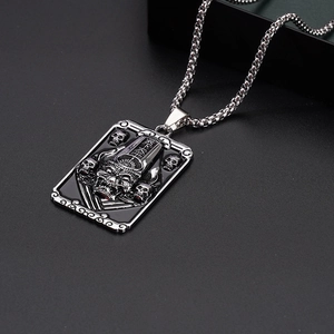 Punk rock square shield warrior necklace with skull details on stainless steel chain