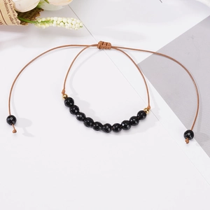 Retro handmade 6mm black faceted stone beads woven rope bracelet with gold accents