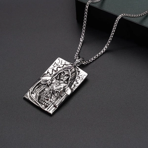Gothic stainless steel necklace featuring a Grim Reaper square pendant on a classic chain