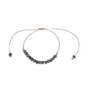 Adjustable 6mm faceted grey natural stone beaded bracelet with woven brown wax cord