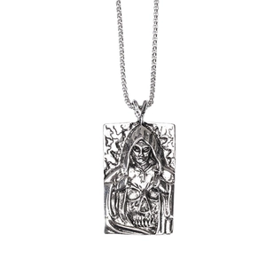 Gothic square pendant necklace featuring reaper skull and box chain in vintage silver finish