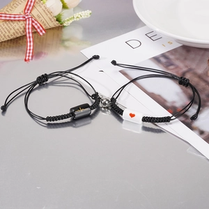 Magnetic attraction couple bracelets with heart and heartbeat pulse rope weaving design
