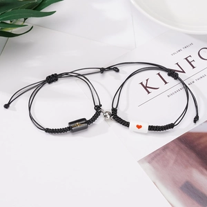 Magnetic Couple Bracelets Alloy Heart ECG Beads Adjustable Handmade Wax Rope Wristband Lovers Jewelry Gift Set