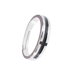Minimalist silver cross ring with black enamel details and adjustable open band