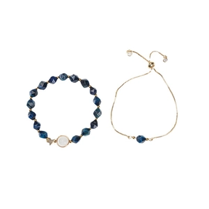 Blue natural stone bead bracelet and adjustable gold chain set with star charm detail