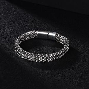 Stainless Steel Double Row Wheat Chain Bracelet With Magnetic Buckle Industrial Silver Woven Link Bracelet For Men