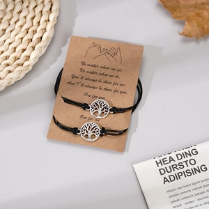 Minimalist Tree of Life woven cord bracelets for couples on sentiment card packing