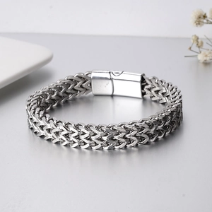 Mens silver stainless steel double row wheat chain bracelet with magnetic clasp