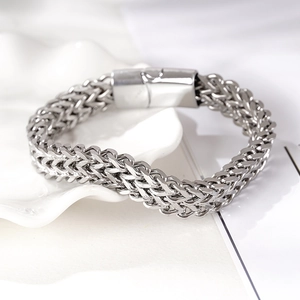 Men's silver stainless steel double row wheat chain bracelet with polished magnetic clasp