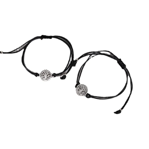 Pair of adjustable black wax rope bracelets featuring silver Tree of Life charms