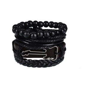 Vintage Men's Hand-woven Cowhide Leather Bracelet Alloy Guitar Musical Instrument Multi-layer Bead Wrap Bracelet Fashion Rock Jewelry