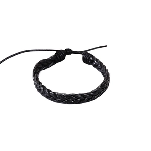 Handmade black braided leather bracelet with adjustable rope knot and guitar style charm